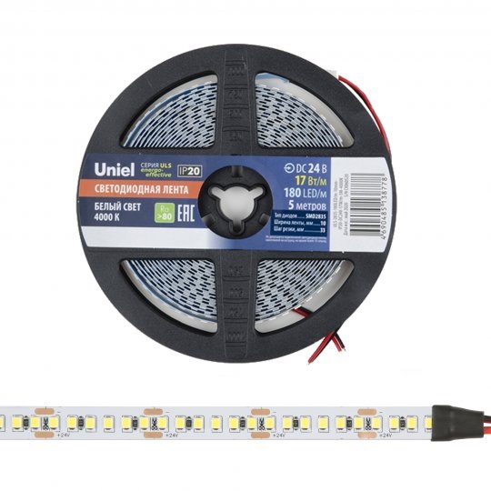 Светодиодная лента ULS-2835-180LED/m-10mm-IP20-DC24V-17W/m-5M-4000K RSP