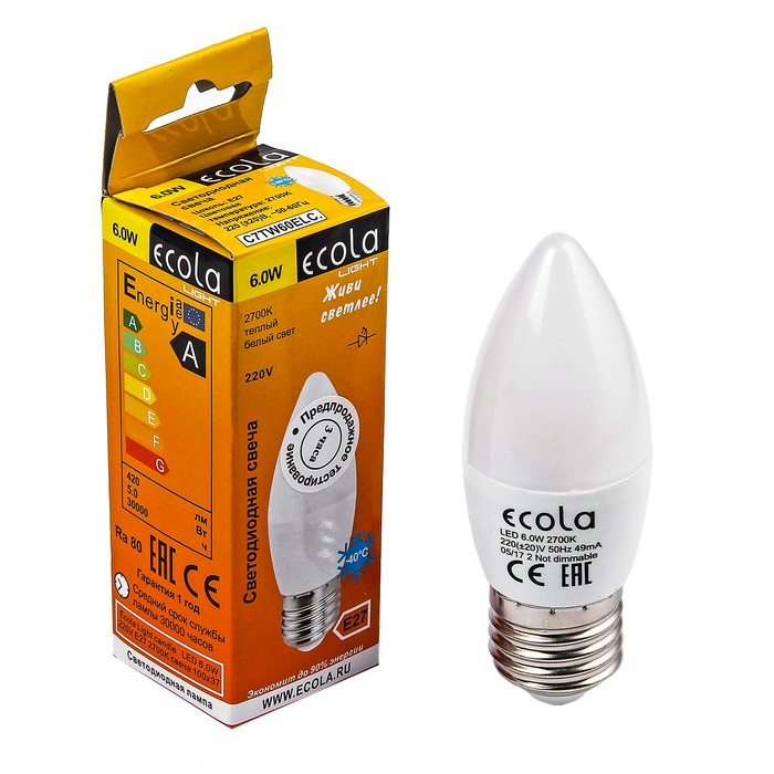 Ecola Light candle LED 6,0W 220V E27 2700K свеча 100x37