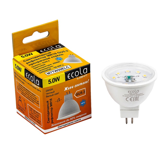 _Ecola Light MR16 LED 5,0W 220V GU5.3 2800K прозрачное стекло (композит) 48x50 M7TW50ELC