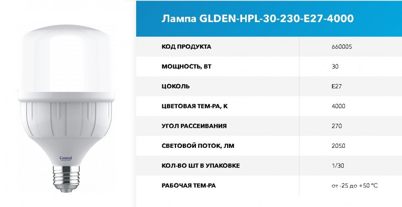 Лампа GLDEN-HPL-30-230-E27-4000 GNRL RSP 10/100