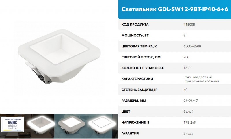 Светодиодный светильник (КВАДРАТ) GDL-SW12-9BT-IP40-6+6,6500К+6500К,3 световых режима GNRL RSP