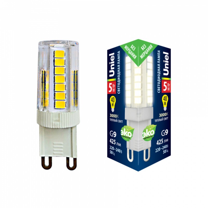 LED-JCD-5W/3000K/G9/CL GLZ09TR Лампа светодиодная, прозрачная. Белый свет (4000К). ТМ Uniel. RSP