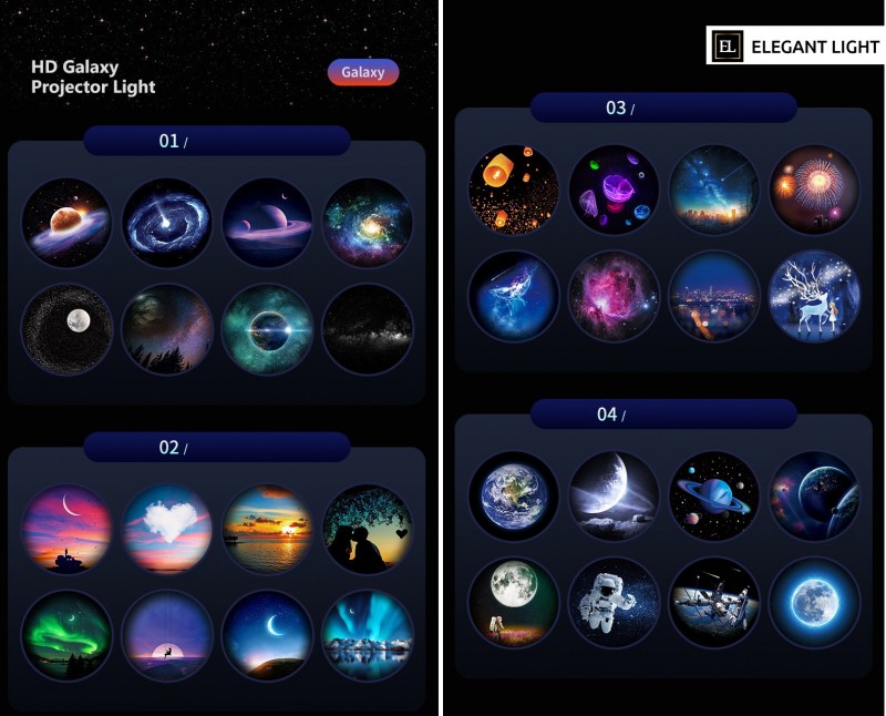 Светильник-проектор ElegantLight DZN-12505 БЕЛЫЙ ` D150*145/H70/1/LED/1W Bluetooth + 4 диска * 8 сла