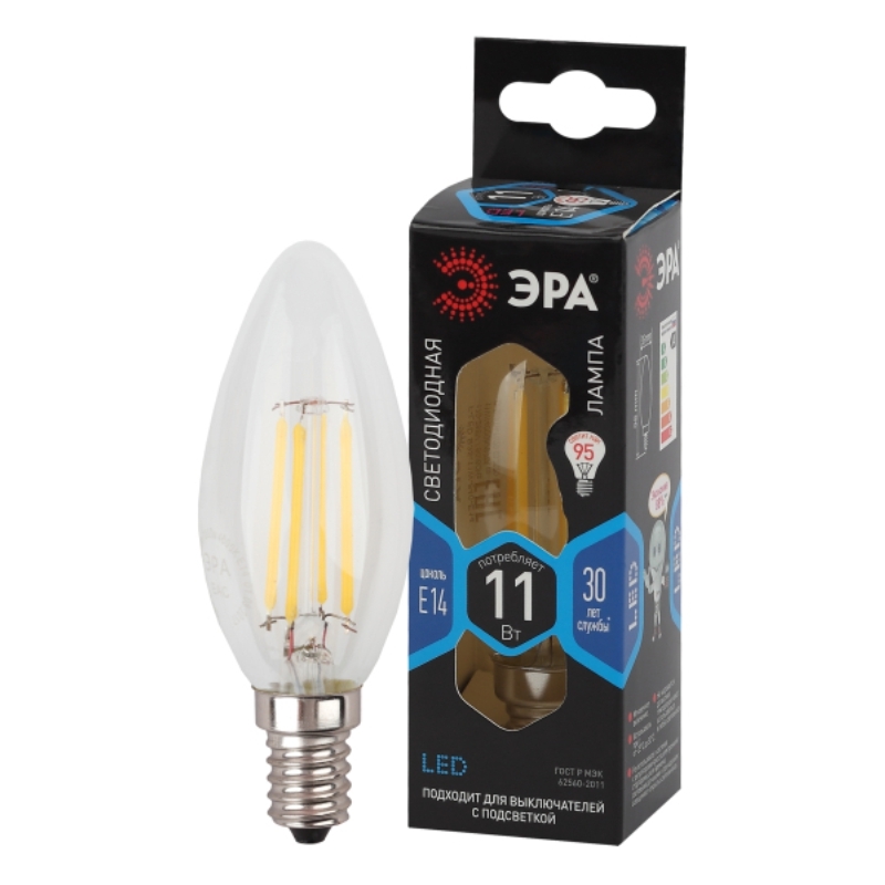 Лампа светодиодная F-LED B35-11w-840-E14 (филамент, свеча, 11Вт, нейтр, E14) ЭРА